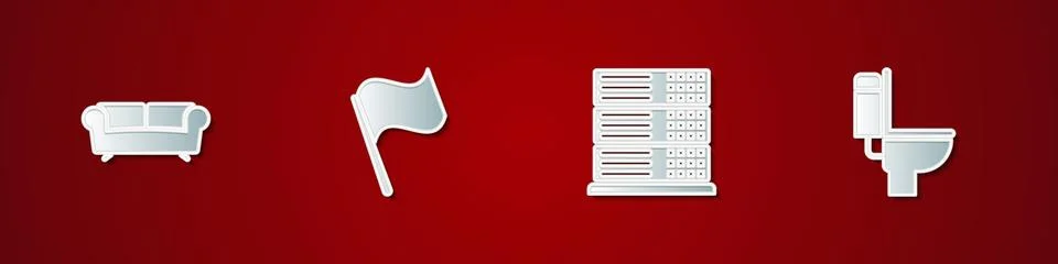 Set Sofa, Flag, Server, Data, Web Hosting and Toilet bowl icon. Vector Stock Illustration