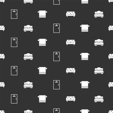 Set Sofa, Hotel room bed, Shower cabin and Towel on hanger on seamless pattern Illustrazione stock