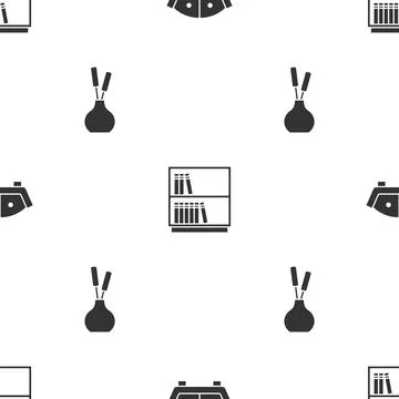 Set Sofa, Library bookshelf and Vase on seamless pattern. Vector Illustrazione stock