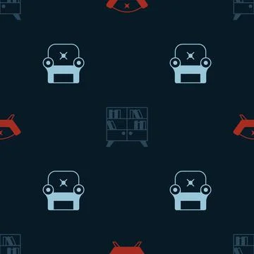 Set Sofa, Library bookshelf and Armchair on seamless pattern. Vector 스톡 일러스트