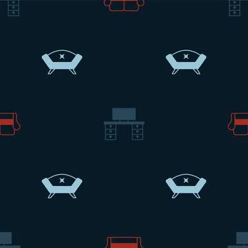 Set Sofa, Office desk and on seamless pattern. Vector Stock Illustration