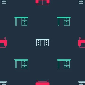 Set Sofa, Office desk and on seamless pattern. Vector Stock Illustration