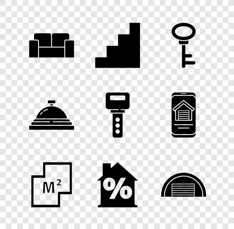 Set Sofa, Staircase, House key, plan, with percant discount, Garage, Hotel Ilustración de archivo