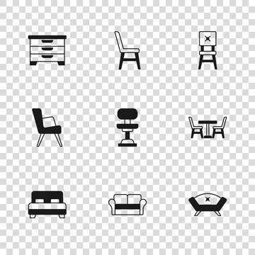 Set Sofa, Table with chair, Office, Chair, Chest drawers,  and Armchair ico.. Illustrazione stock