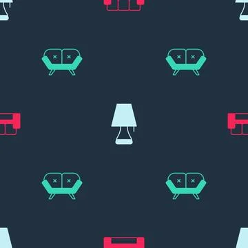 Set Sofa, Table lamp and on seamless pattern. Vector Stock Illustration