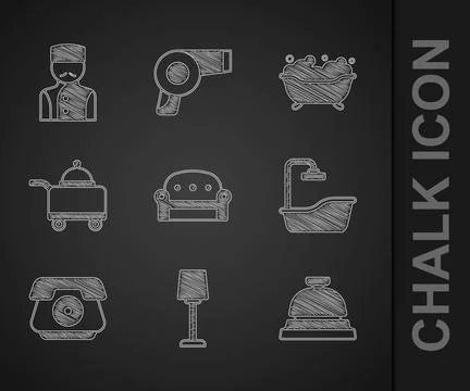 Set Sofa, Table lamp, Hotel service bell, Bathtub, Telephone handset, Covered Illustrazione stock