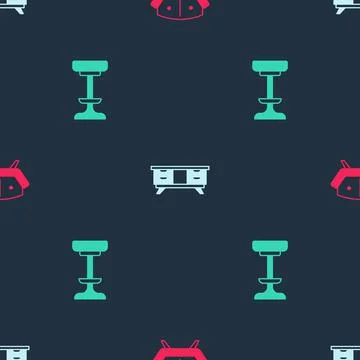 Set Sofa, TV table stand and Chair on seamless pattern. Vector Illustrazione stock