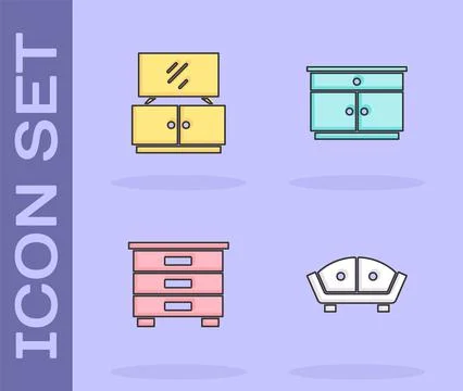Set Sofa, TV table stand, Furniture nightstand and icon. Vector Stock Illustration