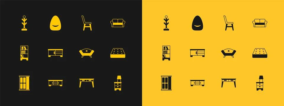 Set Sofa, TV table stand, Office desk, Chair, Coat and Pouf icon. Vector Illustrazione stock