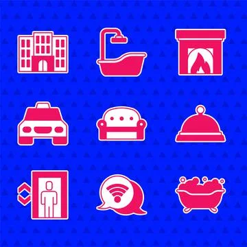 Set Sofa, Wi-Fi wireless internet, Bathtub, Covered with tray food, Lift, Taxi Ilustração Stock