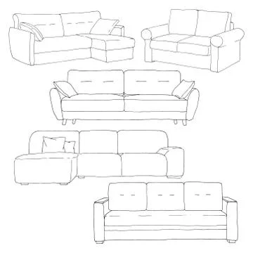 Set sofas isolated on white background.Vector illustration in a sketch style. Stock Illustration