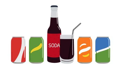 Set of soft drinks in aluminum cans and glass bottle with soda. Carbonated no Stock Illustration