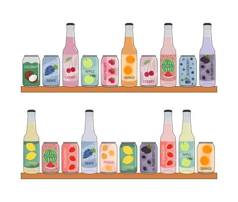 Set of soft drinks in aluminum cans with soda and lemonade on shelve. Carbona Stock Illustration