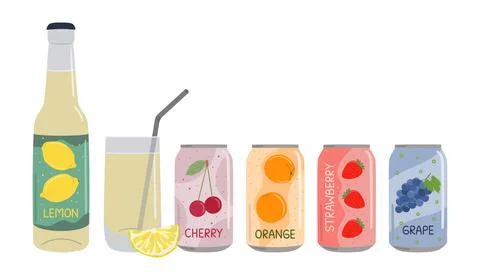 Set of soft drinks in aluminum cans and glass bottle with soda and lemonade.  Stock Illustration