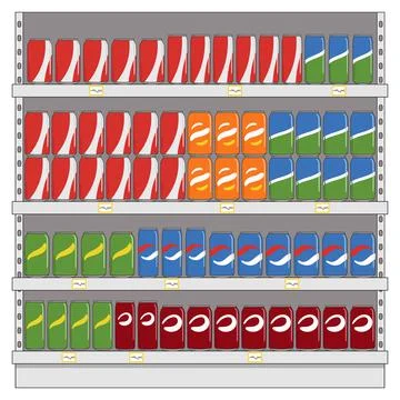 Set of soft drinks in aluminum cans with soda on shelves in supermarket. Carb Stock Illustration