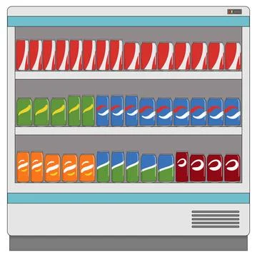 Set of soft drinks in aluminum cans with soda on shelves in supermarket fridg Stock Illustration
