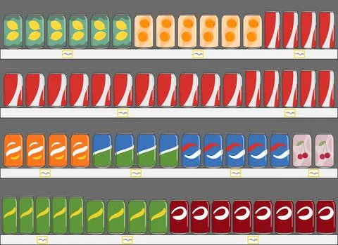 Set of soft drinks in aluminum cans with soda on shelves in supermarket. Carb Stock Illustration