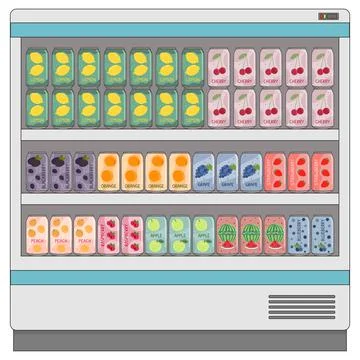 Set of soft drinks in aluminum cans with soda and lemonade on shelves in supe Stock Illustration