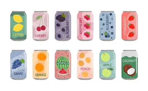 Set of soft drinks in aluminum cans with soda and lemonade. Carbonated non-al Stock Illustration