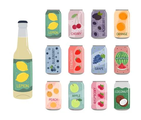 Set of soft drinks in aluminum cans with soda and lemonade. Carbonated non-al Stock Illustration