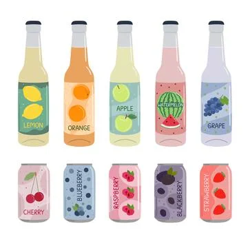 Set of soft drinks in aluminum cans and glass bottles with soda and lemonade. Stock Illustration