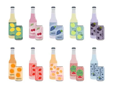 Set of soft drinks in aluminum cans and glass bottles with soda and lemonade. Stock Illustration