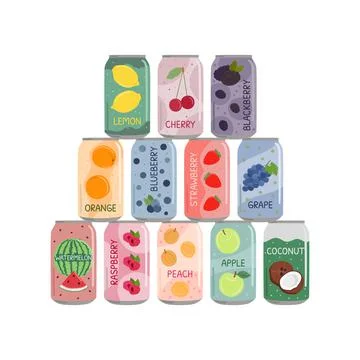 Set of soft drinks in aluminum cans pyramid with soda and lemonade. Carbonate Stock Illustration