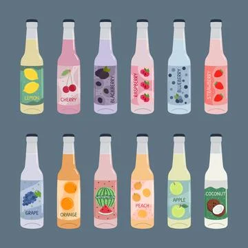 Set of soft drinks in glass bottles with soda and lemonade. Carbonated non-al Stock Illustration