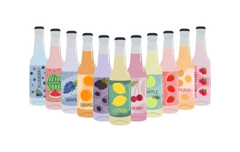 Set of soft drinks in glass bottles with soda and lemonade. Carbonated non-al Stock Illustration