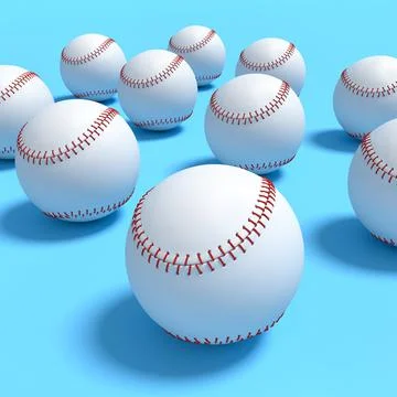 Set of softball or baseball ball lying in row on blue background. Stock Illustration