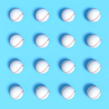 Set of softball or baseball ball lying in row on blue background. Stock Illustration