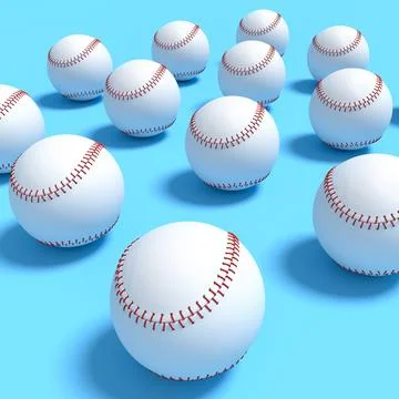 Set of softball or baseball ball lying in row on blue background. Stock Illustration