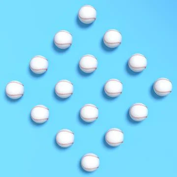 Set of softball or baseball ball lying in row on blue background. Stock Illustration