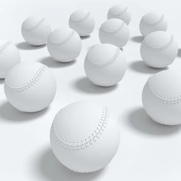 Set of softball or baseball ball lying in row on monochrome background. Stock Illustration