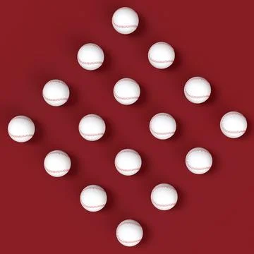 Set of softball or baseball ball lying in row on red background. Stock Illustration