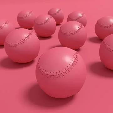 Set of softball or baseball ball lying in row on monochrome background. Stock Illustration