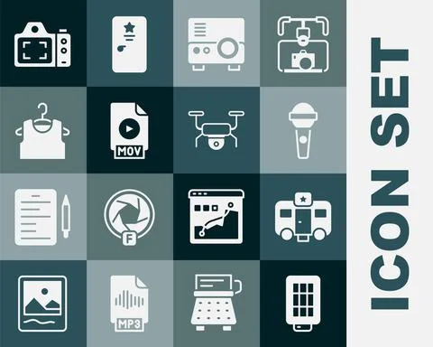 Set Softbox light, Actor trailer, Microphone, Media projector, MOV file document イラスト素材