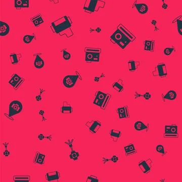 Set Softbox light, Camera roll cartridge, Photo camera and on seamless pattern Illustrazione stock