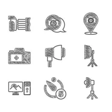 Set Softbox light, Camera timer, Photo retouching, camera, and icon. Vector イラスト素材