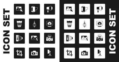 Set Softbox light, Dust blower, Camera photo lens, Photo retouching, camera 스톡 일러스트