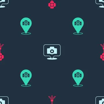 Set Softbox light, Photo camera and on seamless pattern. Vector Stockillustratie