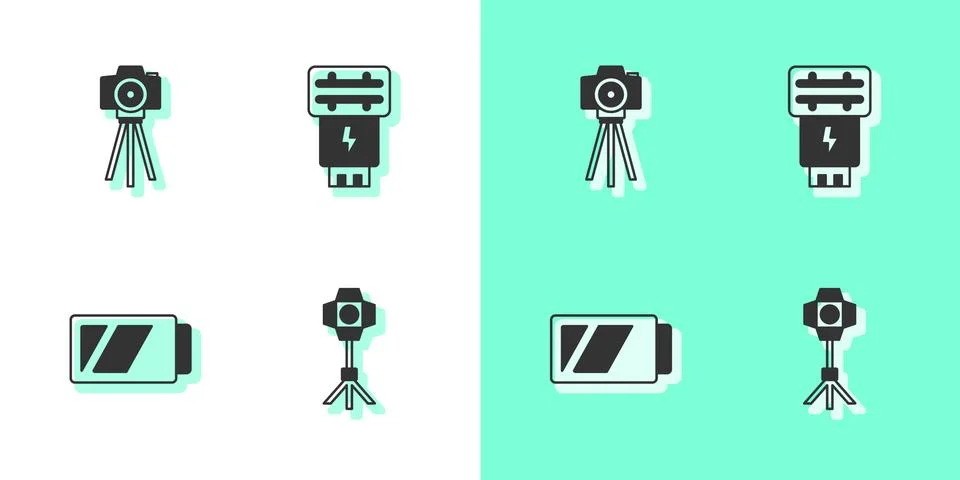 Set Softbox light, Photo camera, Battery for and flash icon. Vector Stock Illustration