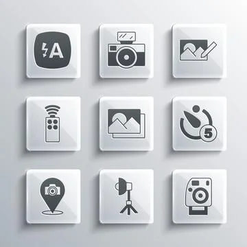 Set Softbox light, Photo camera, Camera timer, frame, Remote control for, Auto Stock Illustration