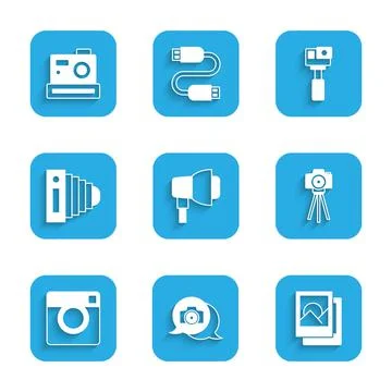 Set Softbox light, Photo camera, frame, Action and icon. Vector Stock-Illustration