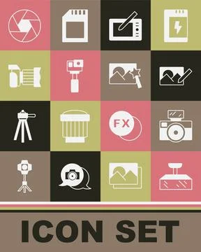 Set Softbox light, Photo camera with flash, retouching, Graphic tablet, Action 스톡 일러스트