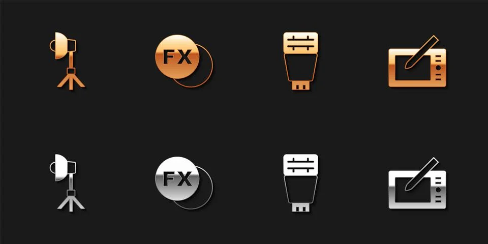 Set Softbox light, Photo camera fx, flash and Graphic tablet icon. Vector 스톡 일러스트