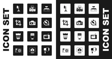 Set Softbox light, Photo camera, Picture crop photo, Camera timer, with flash Stock Illustration