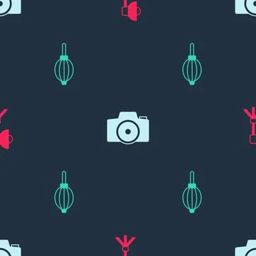 Set Softbox light, Photo camera and Dust blower on seamless pattern. Vector Stock Illustration
