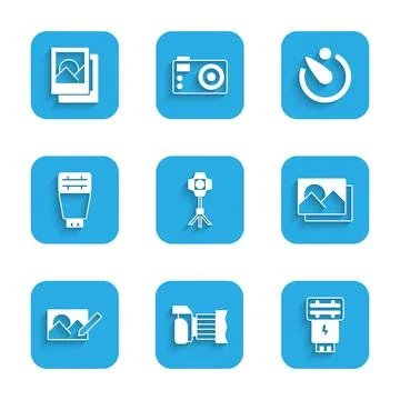 Set Softbox light, Photo camera, flash, frame, retouching, Camera timer and icon 스톡 일러스트