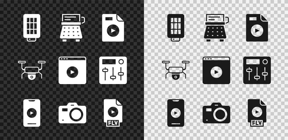 Set Softbox light, Retro typewriter, AVI file document, Online play video, .. Stock Illustration